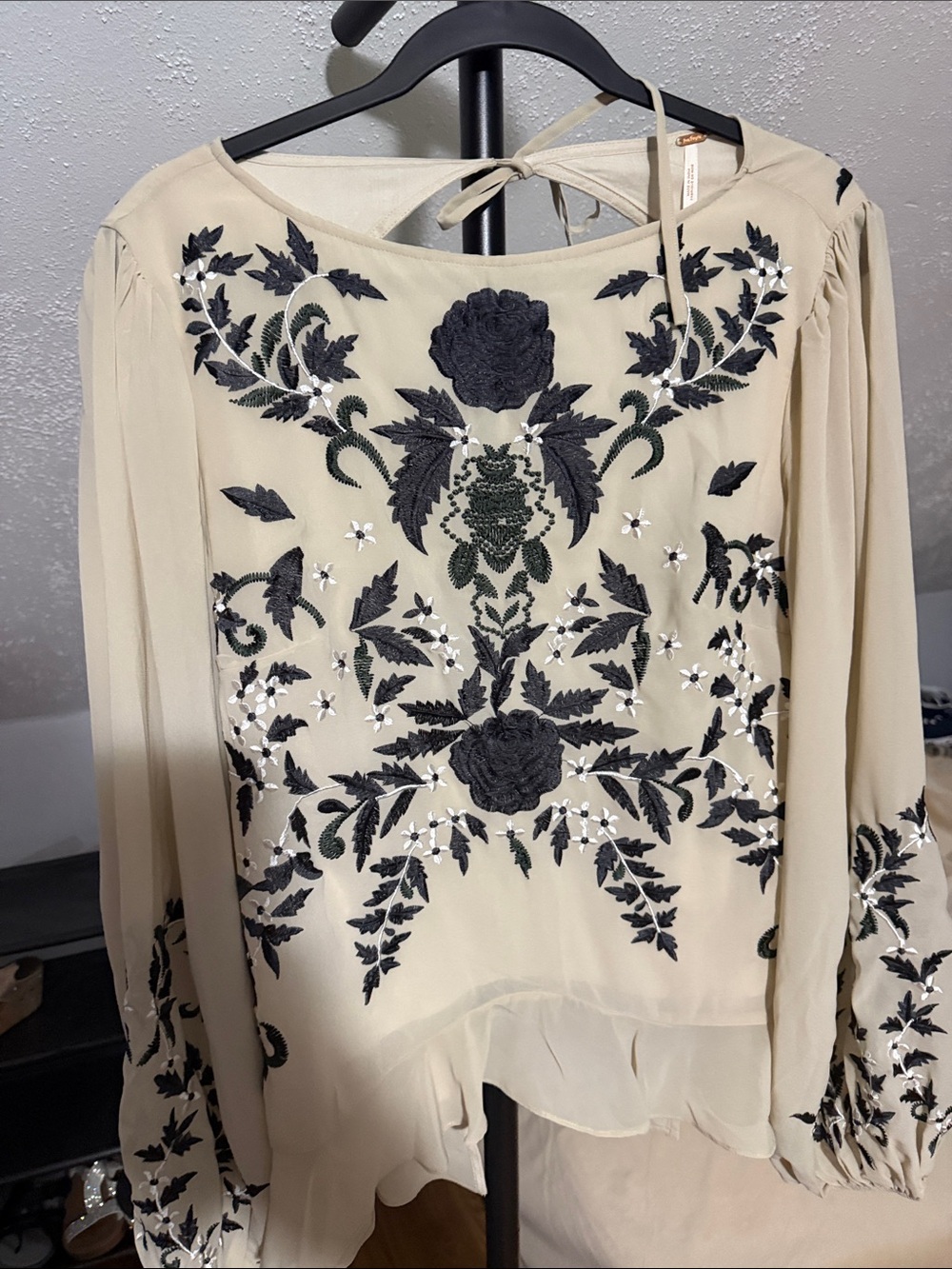 Free People Cream Blouse with Black Floral Embroidery